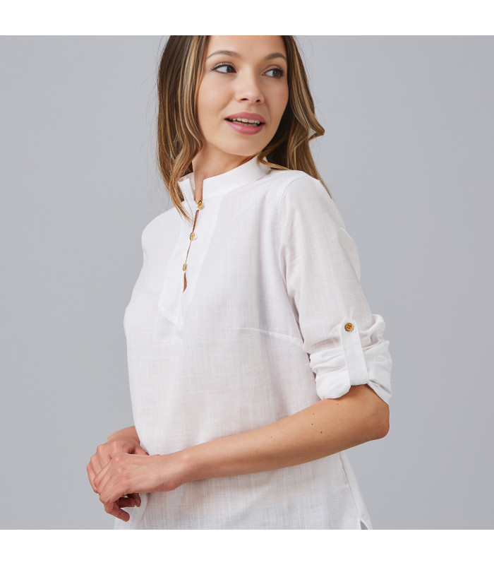 Chemise mao et manche réglable pour femmes, tissu de coton faux et polyester FLORA UNIFORMES GARY'S 243600