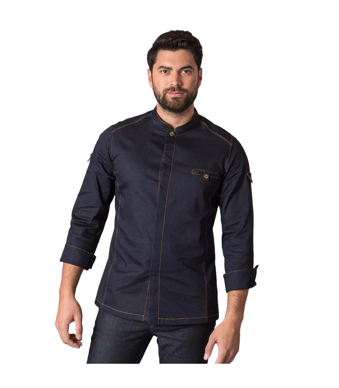 Chaqueta de cocina hombre con mangas roll-up y cuello de tirillas, tejido TEJANO 65% CO 32% PES 3% EA MORAN 946600