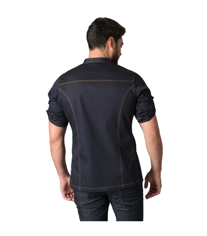 Chaqueta de cocina hombre con mangas roll-up y cuello de tirillas, tejido TEJANO 65% CO 32% PES 3% EA MORAN 946600