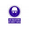 Obligation sign pictogram and text Mandatory use of helmet and glasses COFAN