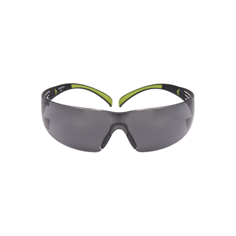 Gafas de protección de lente gris, montura negra y verde, antirrayaduras/antiempañante 3M. REF: SF402AF